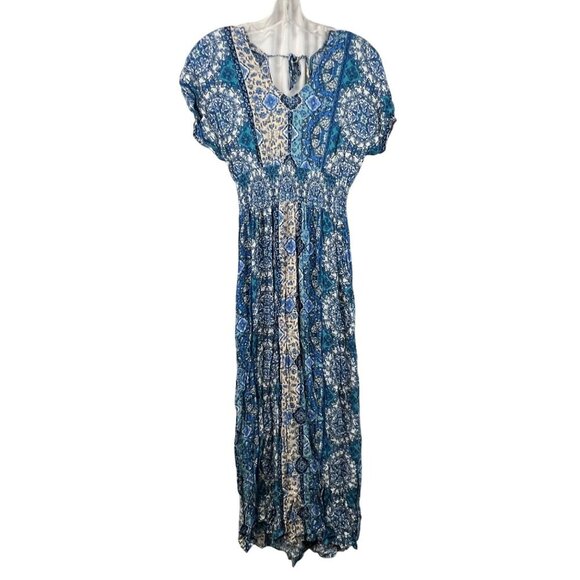 Gypsies & Moondust Paisley Maxi Dress V-Neck Short Sleeve Blue/Multi Size Small - Picture 1 of 9